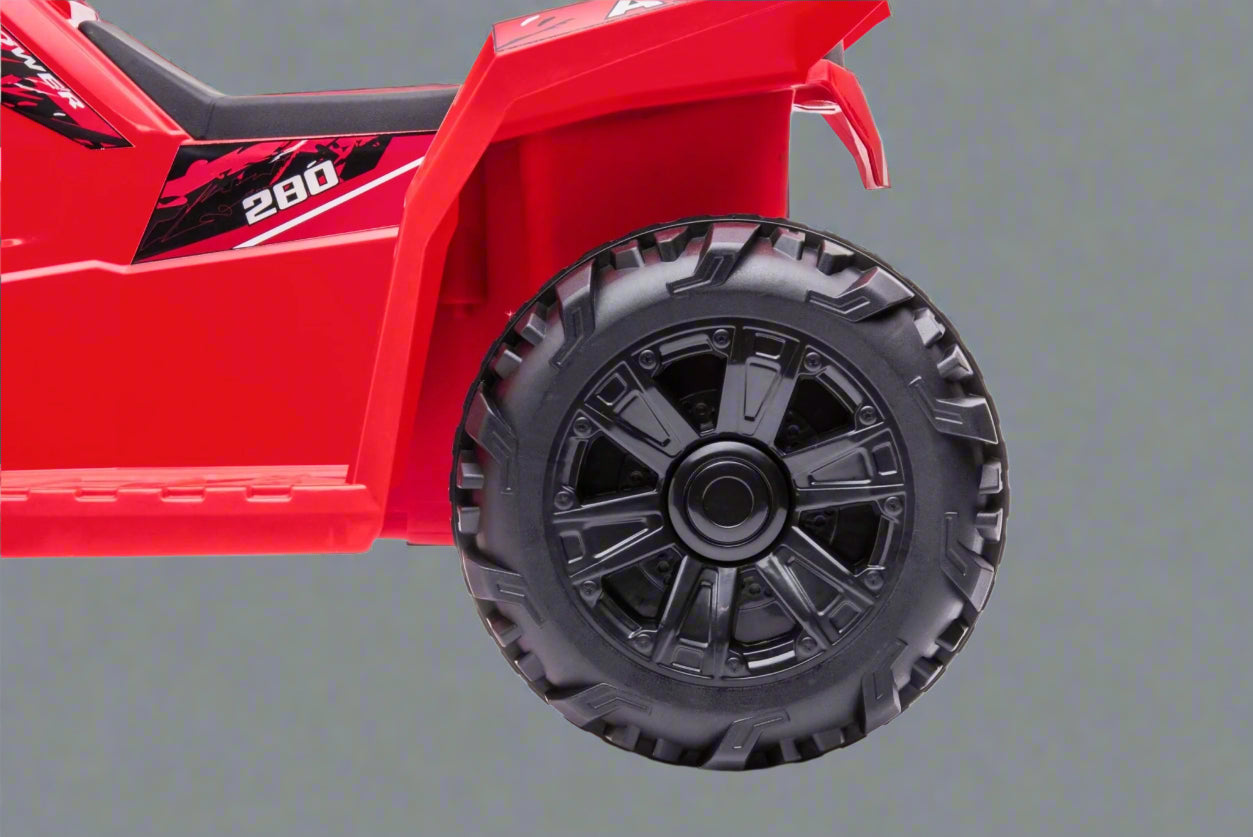 Red 6V ride-on ATV for toddlers aged 1–2

Side view of toddler 6V electric quad bike

Rear view of toddler ride-on ATV with footrests

Compact 6V rechargeable ATV for kids

Children’s electric ATV with wear-resistant tires


