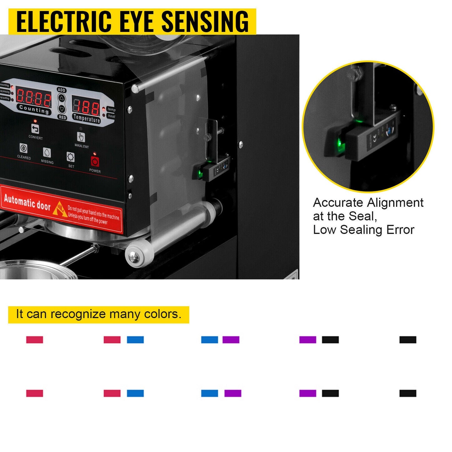 Commercial automatic bubble tea cup sealer front view

Side view of AC-powered boba cup sealing machine

Fully assembled sealing machine with control panel

Cup sealing process in progress

Commercial tea shop setup with sealing machine