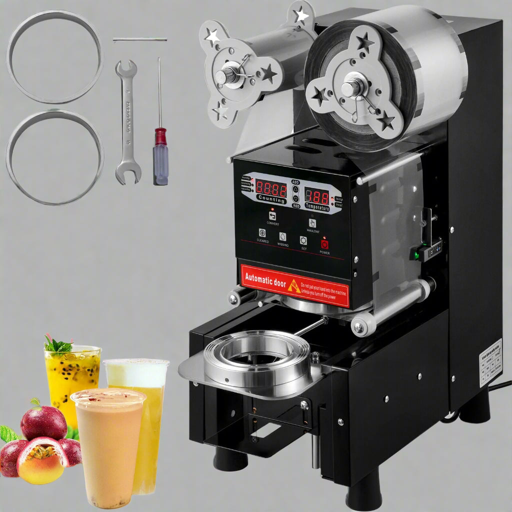 Commercial automatic bubble tea cup sealer front view

Side view of AC-powered boba cup sealing machine

Fully assembled sealing machine with control panel

Cup sealing process in progress

Commercial tea shop setup with sealing machine