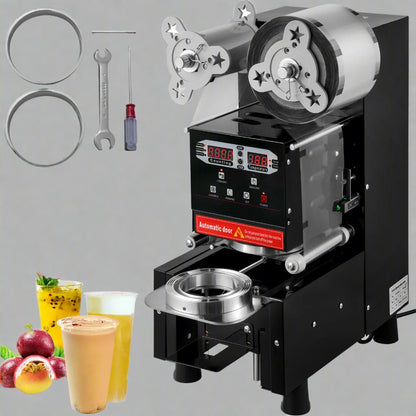 Commercial automatic bubble tea cup sealer front view

Side view of AC-powered boba cup sealing machine

Fully assembled sealing machine with control panel

Cup sealing process in progress

Commercial tea shop setup with sealing machine