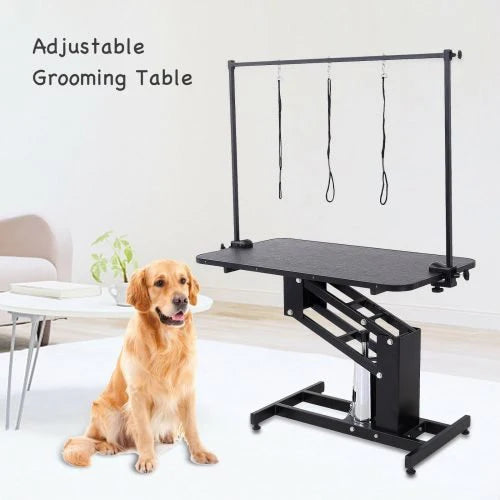 Electric Hydraulic Pet Grooming Table with Dog – Front View

Grooming Table with Adjustable Arm and Dog – Side View

Electric Lift Pet Grooming Table – Rear View

Heavy-Duty Grooming Station – Adjustable Height Display
