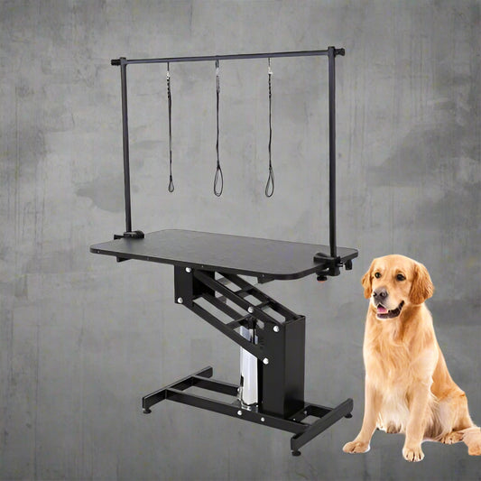 Electric Hydraulic Pet Grooming Table with Dog – Front View

Grooming Table with Adjustable Arm and Dog – Side View

Electric Lift Pet Grooming Table – Rear View

Heavy-Duty Grooming Station – Adjustable Height Display