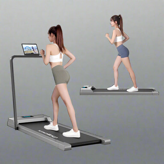 Woman running on slim electric treadmill

Foldable home treadmill with LED display

Treadmill motor specs with 3HP peak

LED display close-up with tracking info

Compact treadmill profile view
