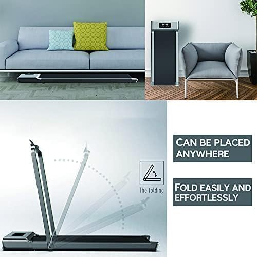 Woman running on slim electric treadmill

Foldable home treadmill with LED display

Treadmill motor specs with 3HP peak

LED display close-up with tracking info

Compact treadmill profile view