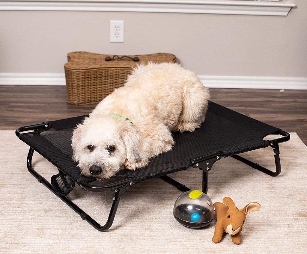 Dog resting on black elevated mesh cot
Foldable raised pet bed for outdoor travel
Side view of elevated dog cot with mesh
Cat lying on raised portable pet bed
Folded compact dog bed for easy storage
