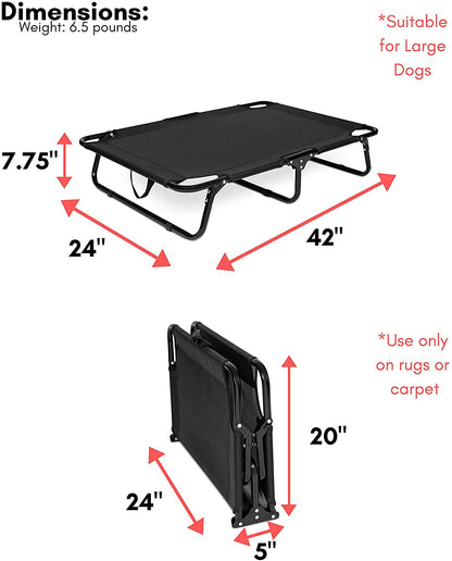 Dog resting on black elevated mesh cot
Foldable raised pet bed for outdoor travel
Side view of elevated dog cot with mesh
Cat lying on raised portable pet bed
Folded compact dog bed for easy storage