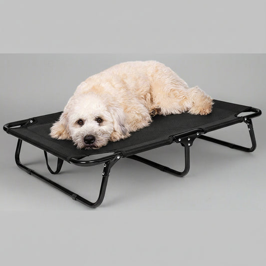 Dog resting on black elevated mesh cot
Foldable raised pet bed for outdoor travel
Side view of elevated dog cot with mesh
Cat lying on raised portable pet bed
Folded compact dog bed for easy storage