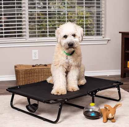 Dog resting on black elevated mesh cot
Foldable raised pet bed for outdoor travel
Side view of elevated dog cot with mesh
Cat lying on raised portable pet bed
Folded compact dog bed for easy storage