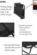 Dog resting on black elevated mesh cot
Foldable raised pet bed for outdoor travel
Side view of elevated dog cot with mesh
Cat lying on raised portable pet bed
Folded compact dog bed for easy storage