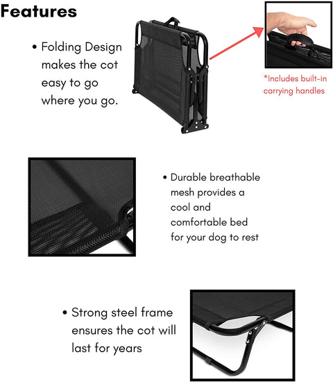 Dog resting on black elevated mesh cot
Foldable raised pet bed for outdoor travel
Side view of elevated dog cot with mesh
Cat lying on raised portable pet bed
Folded compact dog bed for easy storage