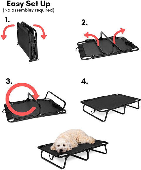 Dog resting on black elevated mesh cot
Foldable raised pet bed for outdoor travel
Side view of elevated dog cot with mesh
Cat lying on raised portable pet bed
Folded compact dog bed for easy storage