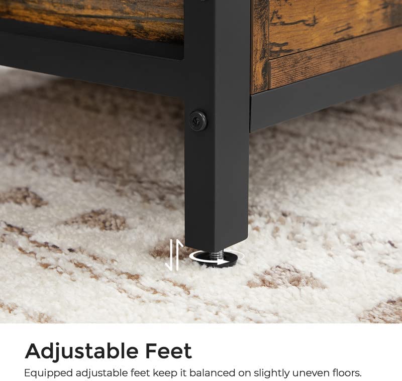 "Entryway storage bench ottoman with brown faux leather seat, metal frame, and hidden trunk storage"