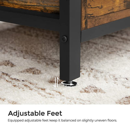 "Entryway storage bench ottoman with brown faux leather seat, metal frame, and hidden trunk storage"