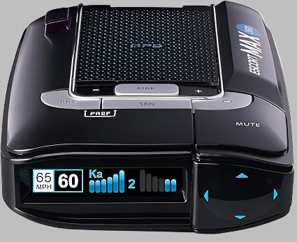 Escort Max 360 radar detector front view with OLED screen

OLED display showing radar signal strength and directions

MAX360 radar detector installed on windshield

ESCORT Live app screenshots on mobile device

Package contents including radar detector and accessories