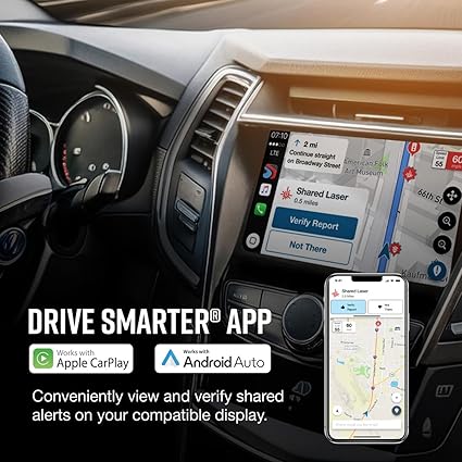 Escort Max 360 radar detector front view with OLED screen

OLED display showing radar signal strength and directions

MAX360 radar detector installed on windshield

ESCORT Live app screenshots on mobile device

Package contents including radar detector and accessories