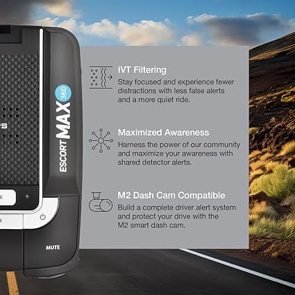 Escort Max 360 radar detector front view with OLED screen

OLED display showing radar signal strength and directions

MAX360 radar detector installed on windshield

ESCORT Live app screenshots on mobile device

Package contents including radar detector and accessories