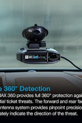 Escort Max 360 radar detector front view with OLED screen

OLED display showing radar signal strength and directions

MAX360 radar detector installed on windshield

ESCORT Live app screenshots on mobile device

Package contents including radar detector and accessories