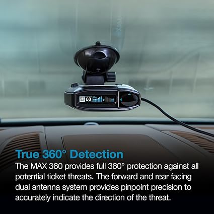 Escort Max 360 radar detector front view with OLED screen

OLED display showing radar signal strength and directions

MAX360 radar detector installed on windshield

ESCORT Live app screenshots on mobile device

Package contents including radar detector and accessories