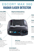 Escort Max 360 radar detector front view with OLED screen

OLED display showing radar signal strength and directions

MAX360 radar detector installed on windshield

ESCORT Live app screenshots on mobile device

Package contents including radar detector and accessories