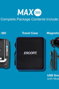 Escort Max 360 radar detector front view with OLED screen

OLED display showing radar signal strength and directions

MAX360 radar detector installed on windshield

ESCORT Live app screenshots on mobile device

Package contents including radar detector and accessories