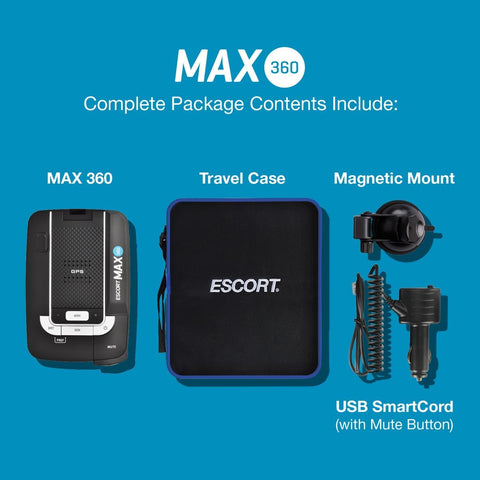 Escort Max 360 radar detector front view with OLED screen

OLED display showing radar signal strength and directions

MAX360 radar detector installed on windshield

ESCORT Live app screenshots on mobile device

Package contents including radar detector and accessories