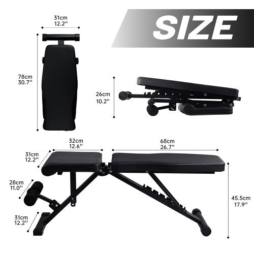 Adjustable weight bench with dumbbells – full side view

Foldable black workout bench shown folded for compact storage

7-position incline backrest setting demonstration

Bench in use for upper body exercises

Heavy-duty steel frame with 400 lb weight capacity