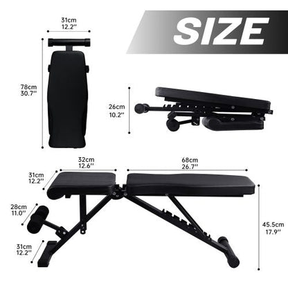 Adjustable weight bench with dumbbells – full side view

Foldable black workout bench shown folded for compact storage

7-position incline backrest setting demonstration

Bench in use for upper body exercises

Heavy-duty steel frame with 400 lb weight capacity