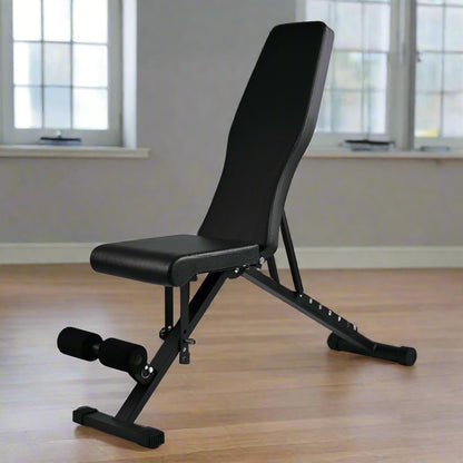 Adjustable weight bench with dumbbells – full side view

Foldable black workout bench shown folded for compact storage

7-position incline backrest setting demonstration

Bench in use for upper body exercises

Heavy-duty steel frame with 400 lb weight capacity