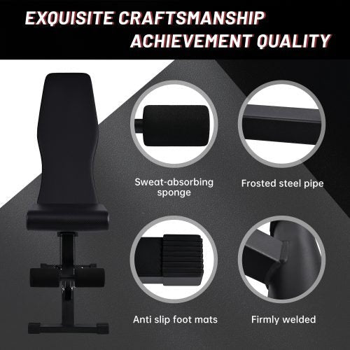 Adjustable weight bench with dumbbells – full side view

Foldable black workout bench shown folded for compact storage

7-position incline backrest setting demonstration

Bench in use for upper body exercises

Heavy-duty steel frame with 400 lb weight capacity