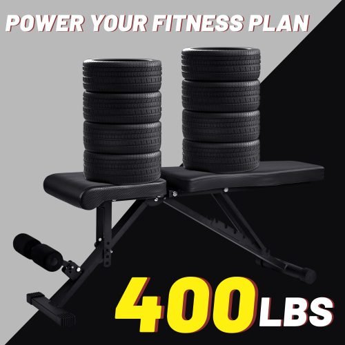 Adjustable weight bench with dumbbells – full side view

Foldable black workout bench shown folded for compact storage

7-position incline backrest setting demonstration

Bench in use for upper body exercises

Heavy-duty steel frame with 400 lb weight capacity