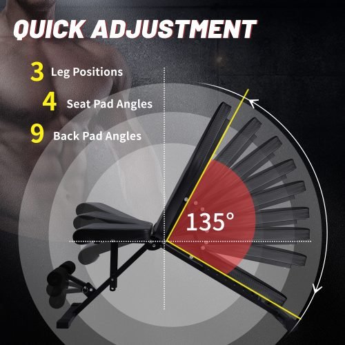 Adjustable weight bench with dumbbells – full side view

Foldable black workout bench shown folded for compact storage

7-position incline backrest setting demonstration

Bench in use for upper body exercises

Heavy-duty steel frame with 400 lb weight capacity