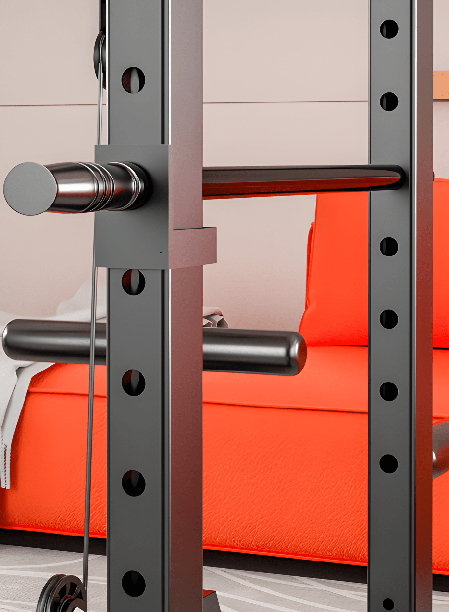 Gym Power Rack with Squat and Lat Pulldown Attachment Front View

Heavy-Duty Home Gym Rack Model 52325 Side Angle

Strength Training Squat Rack with Adjustable J-Hooks

Lat Pulldown Home Gym Power Cage Setup