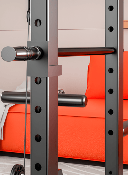 Gym Power Rack with Squat and Lat Pulldown Attachment Front View

Heavy-Duty Home Gym Rack Model 52325 Side Angle

Strength Training Squat Rack with Adjustable J-Hooks

Lat Pulldown Home Gym Power Cage Setup