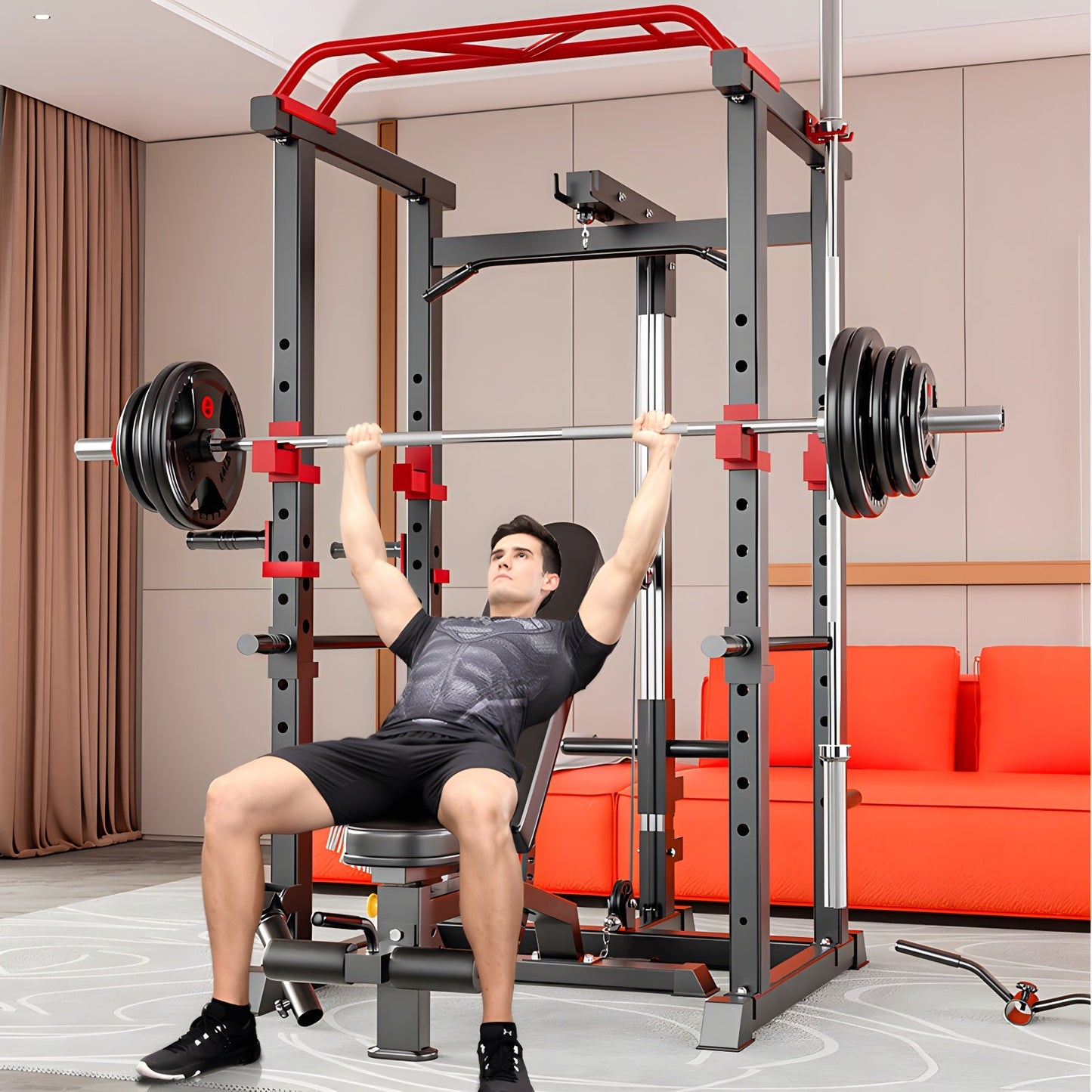 Gym Power Rack with Squat and Lat Pulldown Attachment Front View

Heavy-Duty Home Gym Rack Model 52325 Side Angle

Strength Training Squat Rack with Adjustable J-Hooks

Lat Pulldown Home Gym Power Cage Setup
