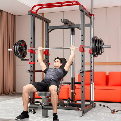 Gym Power Rack with Squat and Lat Pulldown Attachment Front View

Heavy-Duty Home Gym Rack Model 52325 Side Angle

Strength Training Squat Rack with Adjustable J-Hooks

Lat Pulldown Home Gym Power Cage Setup