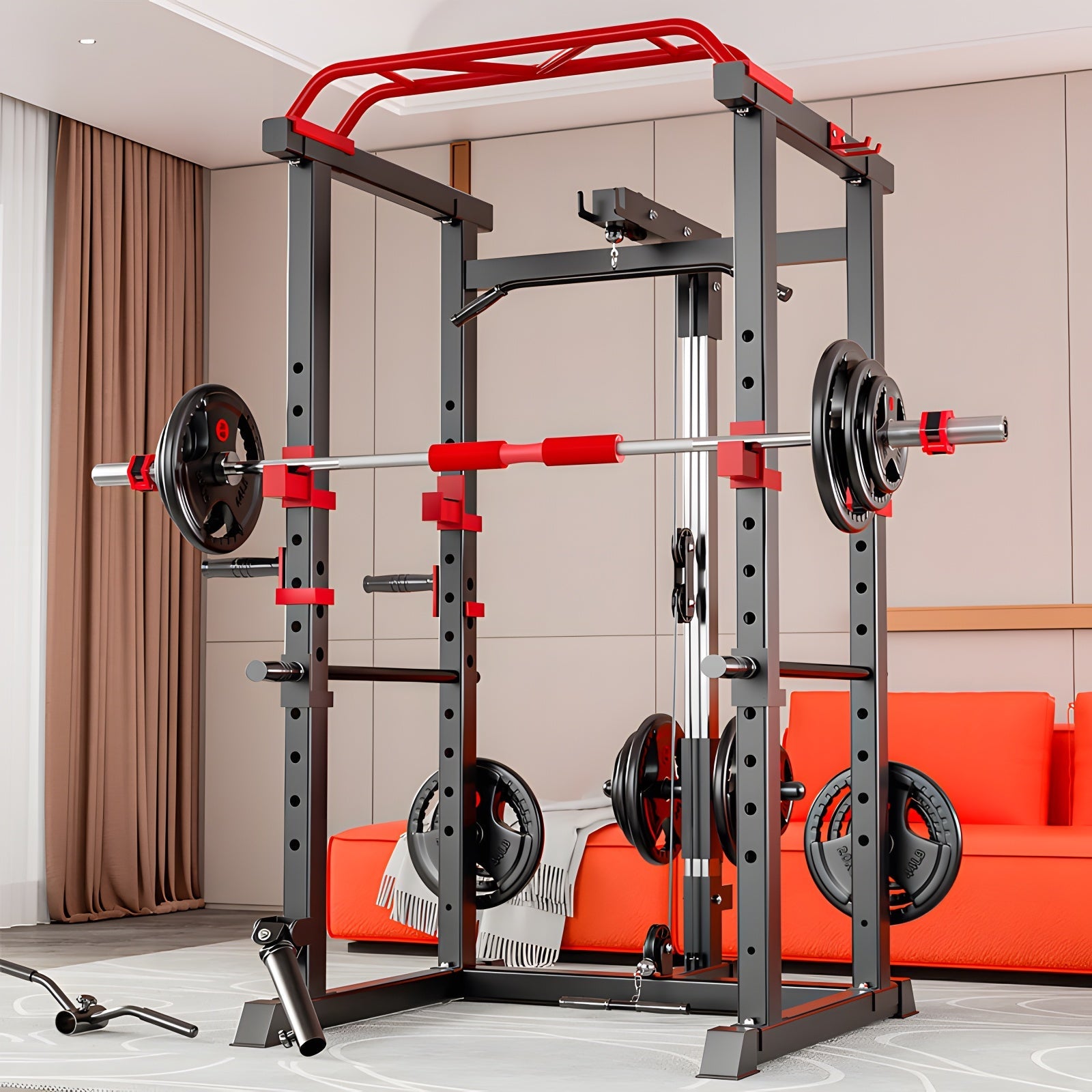 Gym Power Rack with Squat and Lat Pulldown Attachment Front View

Heavy-Duty Home Gym Rack Model 52325 Side Angle

Strength Training Squat Rack with Adjustable J-Hooks

Lat Pulldown Home Gym Power Cage Setup