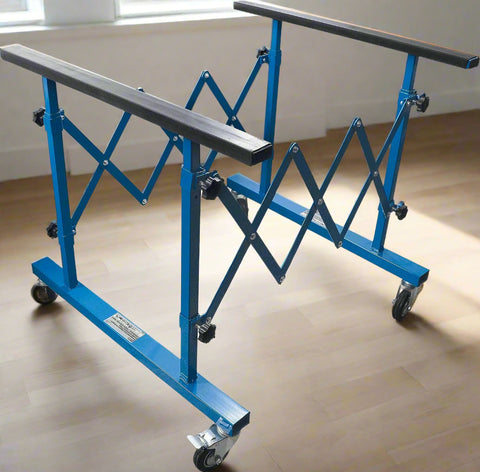 Adjustable steel folding workstation with locking height and width for auto glass

