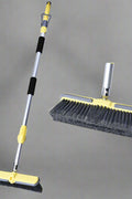 Extendable water broom brush set with yellow telescopic handle
Outdoor scrub brush with spray control and two heads
Patio and deck cleaning tool with adjustable water flow