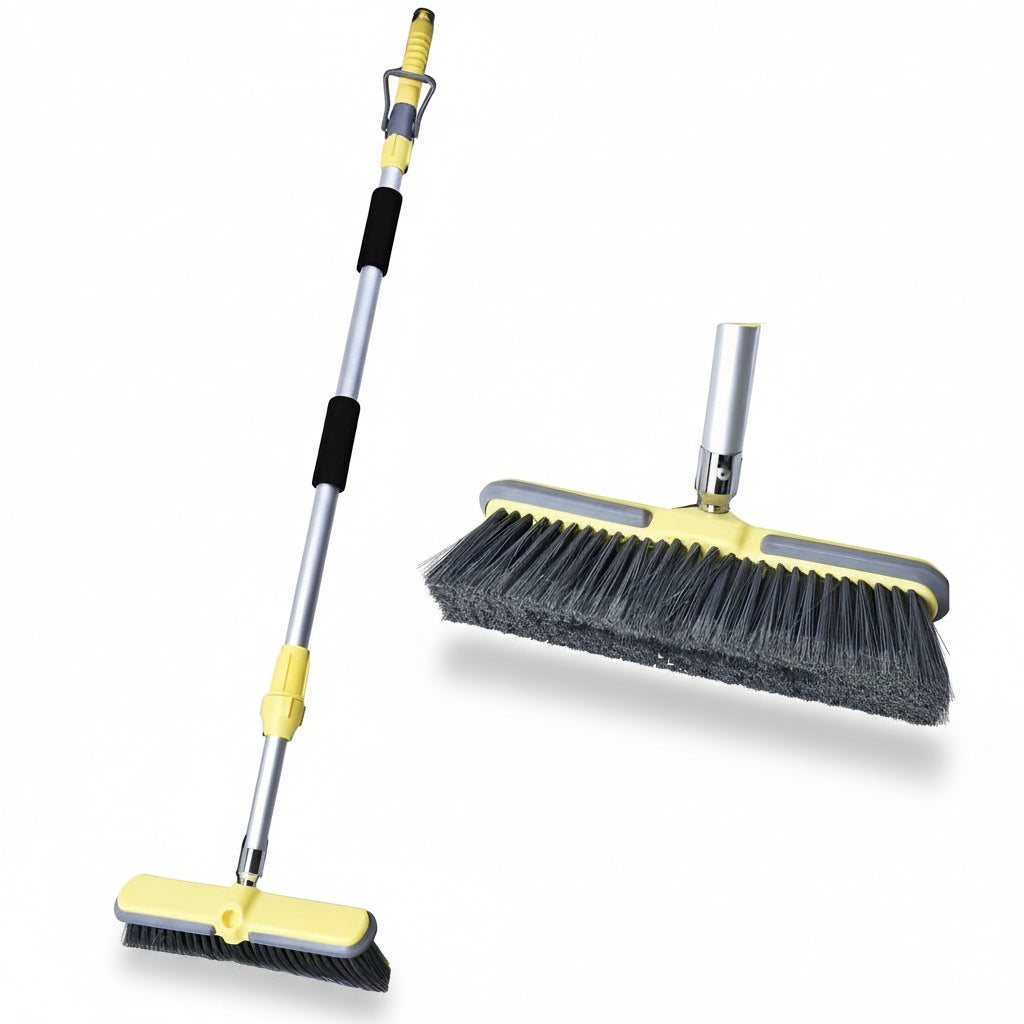 Extendable water broom brush set with yellow telescopic handle
Outdoor scrub brush with spray control and two heads
Patio and deck cleaning tool with adjustable water flow