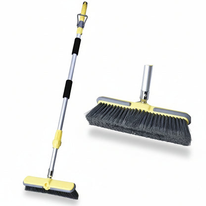 Extendable water broom brush set with yellow telescopic handle
Outdoor scrub brush with spray control and two heads
Patio and deck cleaning tool with adjustable water flow