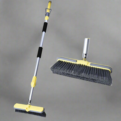 Extendable water broom brush set with yellow telescopic handle
Outdoor scrub brush with spray control and two heads
Patio and deck cleaning tool with adjustable water flow
