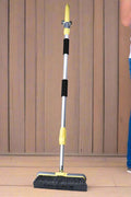 Extendable water broom brush set with yellow telescopic handle
Outdoor scrub brush with spray control and two heads
Patio and deck cleaning tool with adjustable water flow