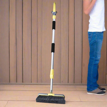 Extendable water broom brush set with yellow telescopic handle
Outdoor scrub brush with spray control and two heads
Patio and deck cleaning tool with adjustable water flow