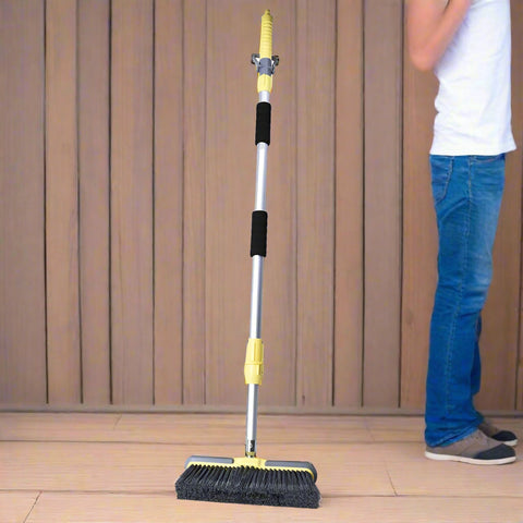 Extendable water broom brush set with yellow telescopic handle
Outdoor scrub brush with spray control and two heads
Patio and deck cleaning tool with adjustable water flow