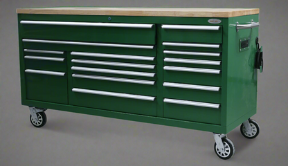 Fatboy 72" tool bench in JD Green finish with drawers closed

Open drawer view of Fatboy Xtra Wide Tool Box

Roller tool cabinet in stainless steel with heavy-duty casters

Fatboy workbench power bar and USB charging detail