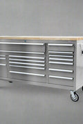 Fatboy 72" tool bench in JD Green finish with drawers closed

Open drawer view of Fatboy Xtra Wide Tool Box

Roller tool cabinet in stainless steel with heavy-duty casters

Fatboy workbench power bar and USB charging detail