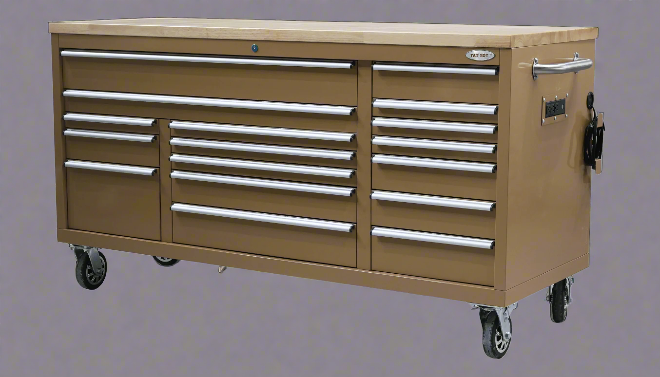 Fatboy 72" tool bench in JD Green finish with drawers closed

Open drawer view of Fatboy Xtra Wide Tool Box

Roller tool cabinet in stainless steel with heavy-duty casters

Fatboy workbench power bar and USB charging detail