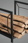 “Black wrought iron firewood log rack with wood stacked”

“Indoor firewood holder beside fireplace”

“Wrought iron log holder with wooden logs”

“Outdoor firewood rack near fire pit”