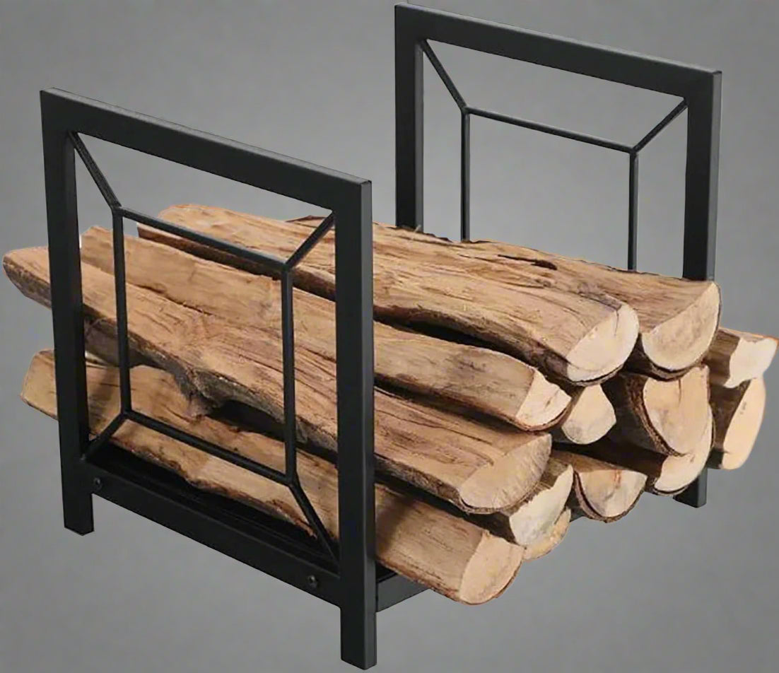 “Black wrought iron firewood log rack with wood stacked”

“Indoor firewood holder beside fireplace”

“Wrought iron log holder with wooden logs”

“Outdoor firewood rack near fire pit”