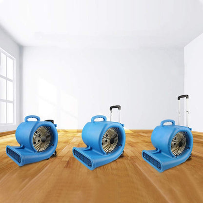Floor dryer fan with wheels and handle

High-velocity air mover for job sites

Blue industrial carpet dryer fan in use

Heavy-duty blower fan for water damage

Portable air mover fan on wheels